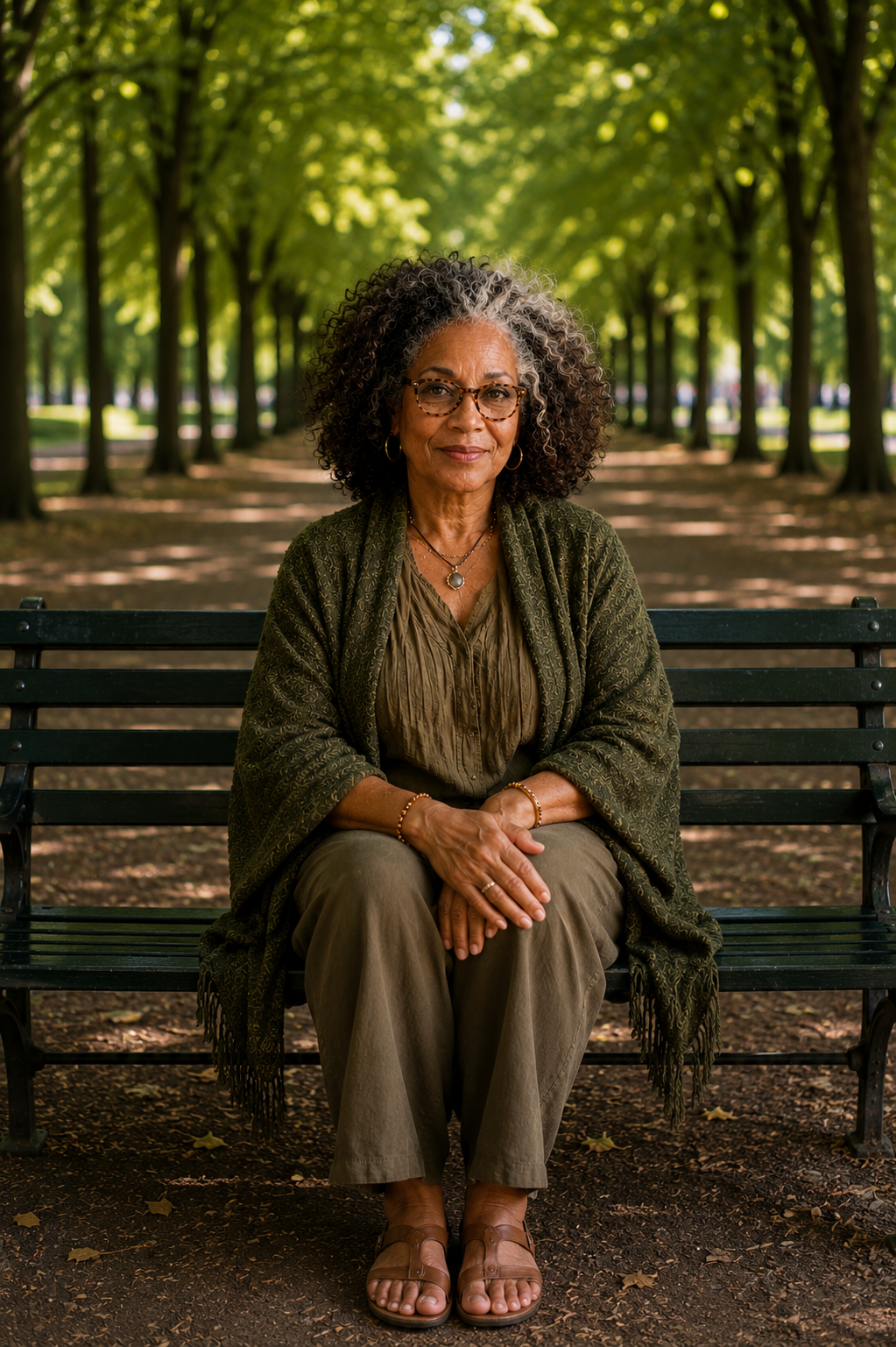 Odessa, sitting on a park bench
